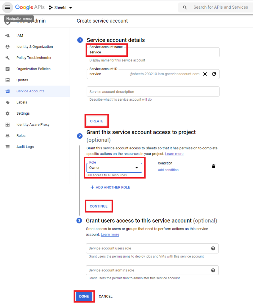 google create service account
